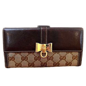 Authentic Gucci Wallet Long Bi Fold Brown Leather Used GG Vintage